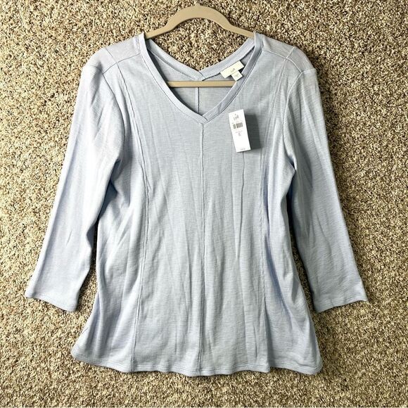 J. Jill Top Women’s Small Pale Blue Double-V Neck Seamed A-line 3/4 Sleeve NWT - Picture 1 of 6